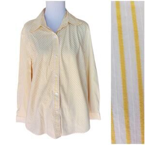 Lafayette 148 New York Yellow White Stripe Button Down Top Blouse Roll Tab Sz 14